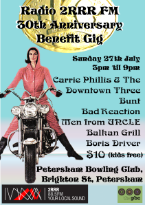 handbill for 2-RRR FM benefit, Sun. 27 July 2014
